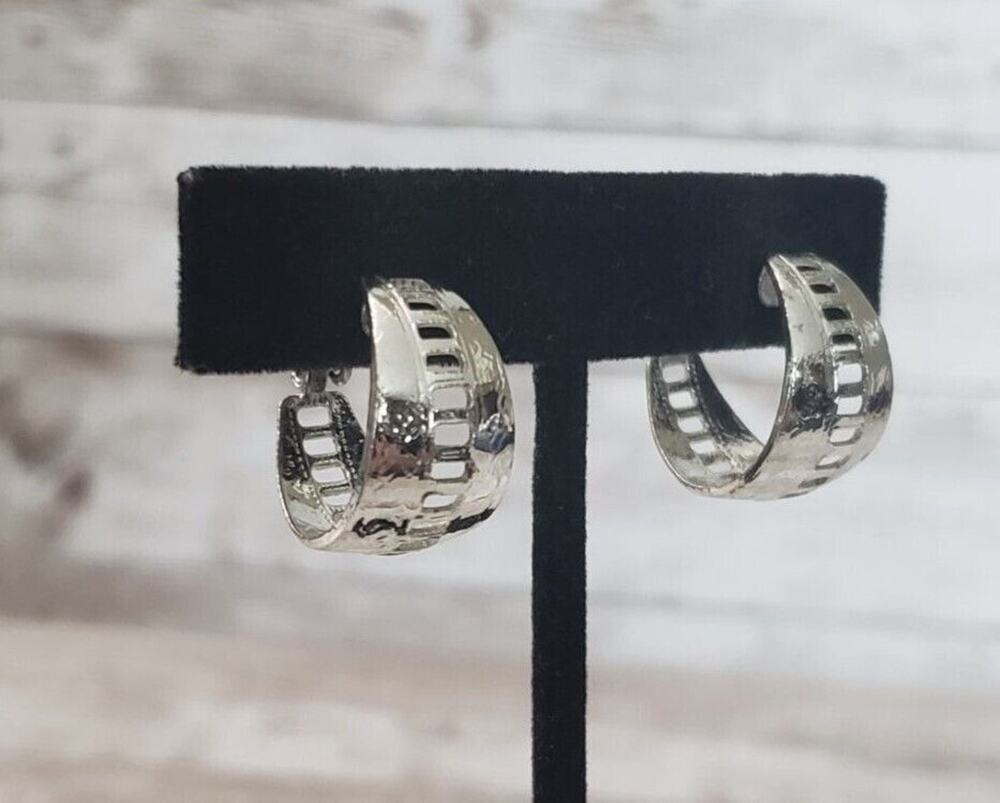 Vintage Clip On Earrings 7/8" Silver Tone Chunky Hoops with Cut Out